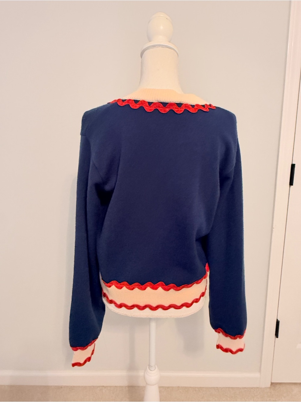 NWT - Preppy and Fun Navy and Cream Women’s Cardigan with Red Trim - Picture 3 of 8